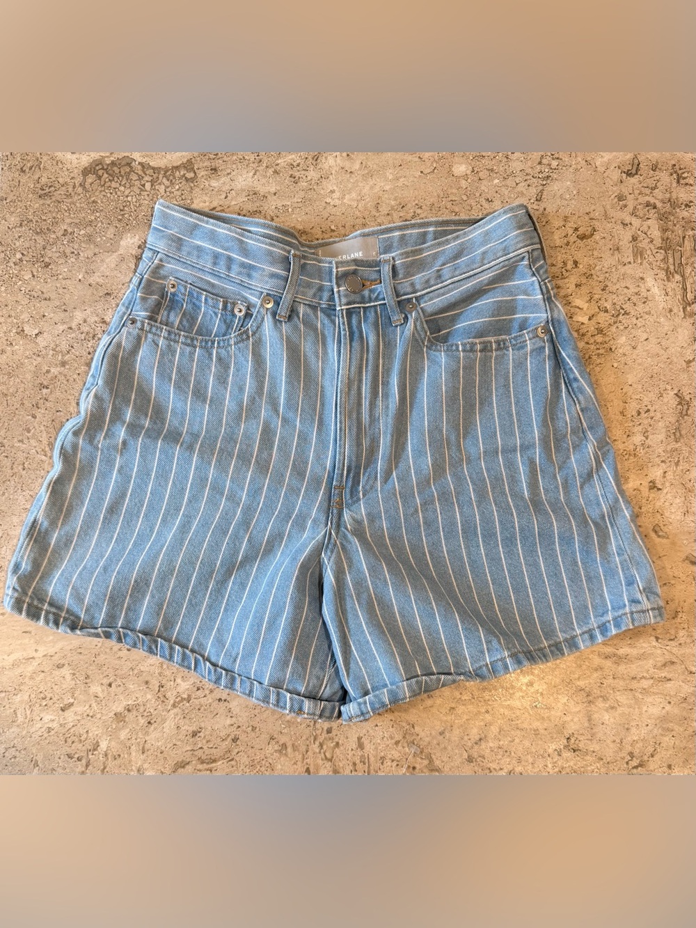 EVERLANE The A-Line Denim Light Blue Pinstripe High-Rise Shorts